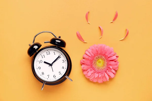 Komposition Mit Wecker Blütenblättern Und Schöner Gerbera Blume Auf Orangefarbenem — Stockfoto