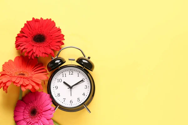Alarm Clock Beautiful Gerbera Flowers Yellow Background — Stock Photo, Image