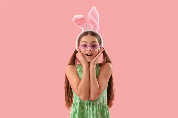 Surprised Little Girl Bunny Ears Sunglasses Pink Background — Stock Photo, Image