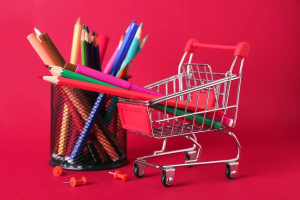 Shopping Cart Felt Tip Pens Pencils Color Background — Stock Photo, Image