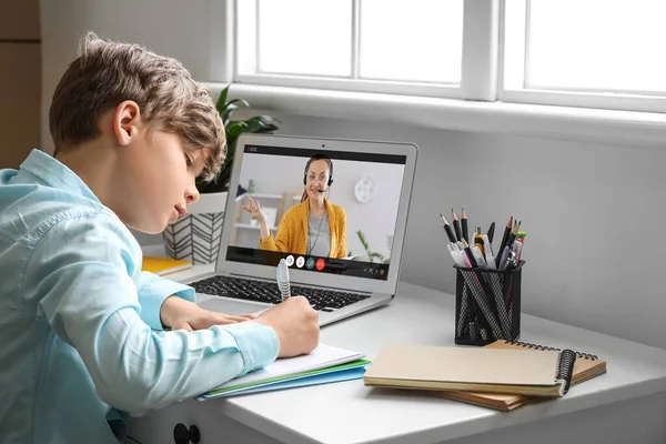Cute Little Boy Studying Online Home — Stock Photo, Image