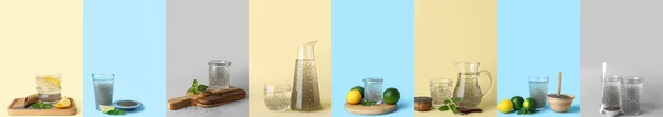 Colagem Água Com Sementes Chia Sobre Fundo Colorido — Fotografia de Stock