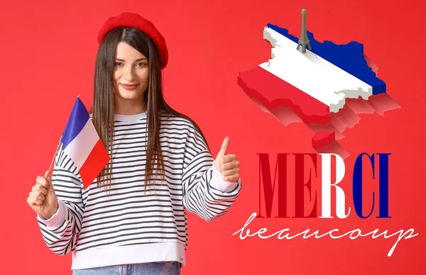 깃발을 가지고 배경에 엄지손가락이 그려진 프랑스 지도를 아름다운 — 스톡 사진