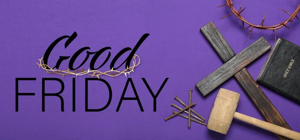Cross, hammer, nails, Bible and crown of thorns on purple background. Good Friday concept