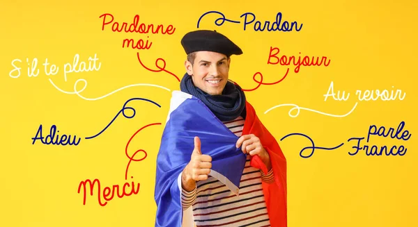 Όμορφος Νεαρός Σημαία Της Γαλλίας Κίτρινο Φόντο Διεθνής Ημέρα Γαλλικής — Φωτογραφία Αρχείου