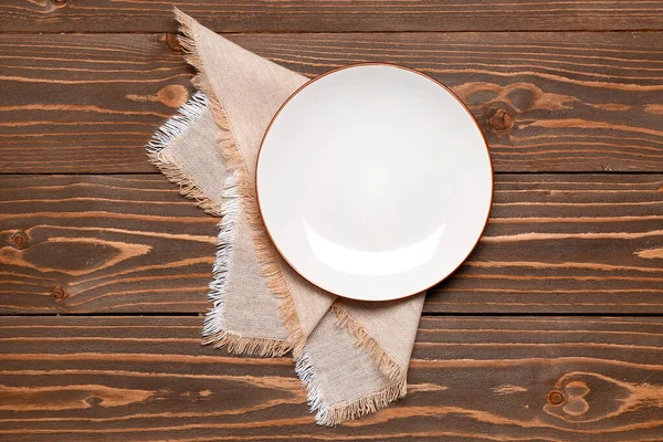 Empty Plate Napkin Wooden Background — Stock Photo, Image