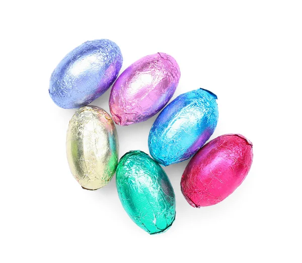 Tasty Chocolate Easter Eggs Foil White Background — Stock Photo, Image