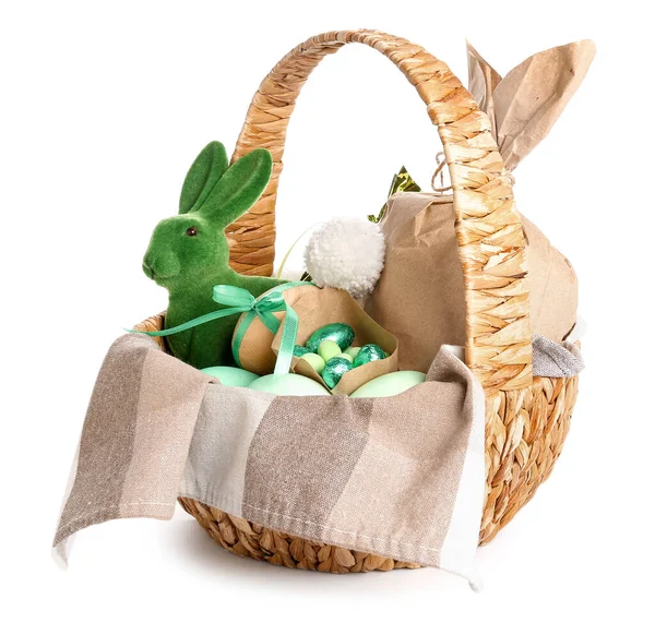 Basket Bunny Easter Eggs Isolated White Background — Stock Photo, Image