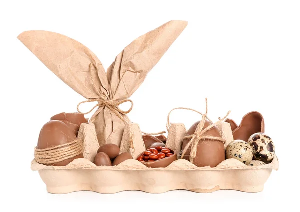 Holder Bunny Gift Bag Chocolate Easter Eggs Isolated White Background — Stock Photo, Image