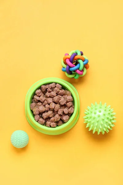 Bowl Wet Pet Food Balls Color Background — Stock Photo, Image