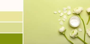 Yeşil arka planda bir kavanoz kozmetik kremi ve ranunculus çiçeği. Farklı renk desenleri