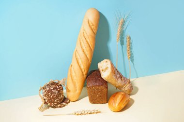 Loaves of different bread and wheat ears on beige table near blue wall