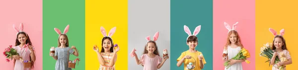 Sæt Små Børn Med Kaninører Kager Malede Blomster Kaniner Farvebaggrund - Stock-foto