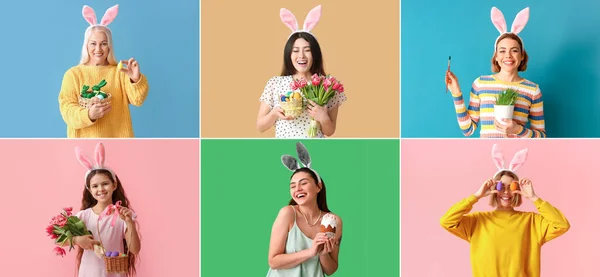 女性とウサギの耳 ケーキ 塗装卵 花やウサギの色の背景を持つ女の子のグループ — ストック写真