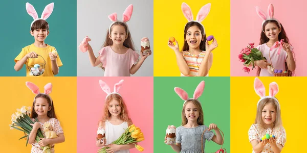 Tavşan Kulaklı Çocuklar Pastalar Boyanmış Yumurtalar Çiçekler Renkli Arka Planda — Stok fotoğraf