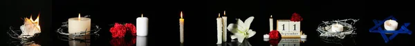 Колаж Палаючих Свічок Квітами Колючими Дротами Календар Зорі Давида Темному — стокове фото