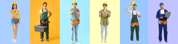 Коллаж Разных Молодых Работников Цветном Фоне — стоковое фото