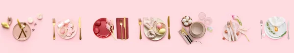 Set of elegant table settings for Easter dinner on pink background