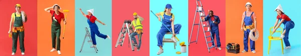 Gruppe Unterschiedlicher Arbeiter Auf Farbigem Hintergrund — Stockfoto