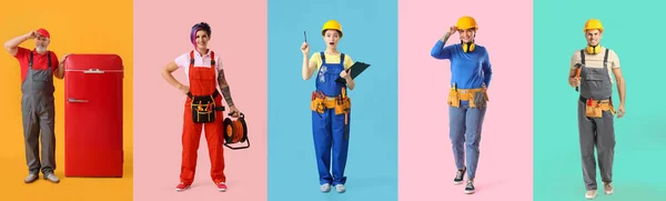 Collage Diferentes Trabajadores Sobre Fondo Color —  Fotos de Stock