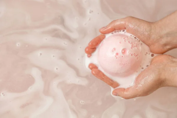 Woman Putting Pink Bath Bomb Water Home Closeup — Stock Photo, Image