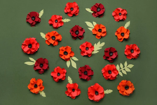 Paper Poppy Flowers Leaves Green Background — Stock Photo, Image