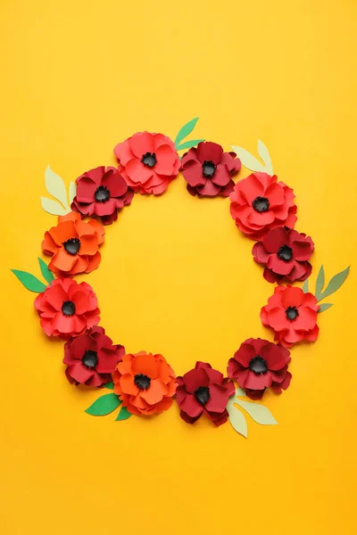 Frame Made Paper Poppy Flowers Leaves Yellow Background — Stock Photo, Image