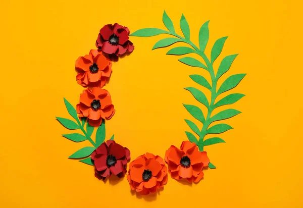 Frame Made Paper Poppy Flowers Leaves Color Background — Stock Photo, Image