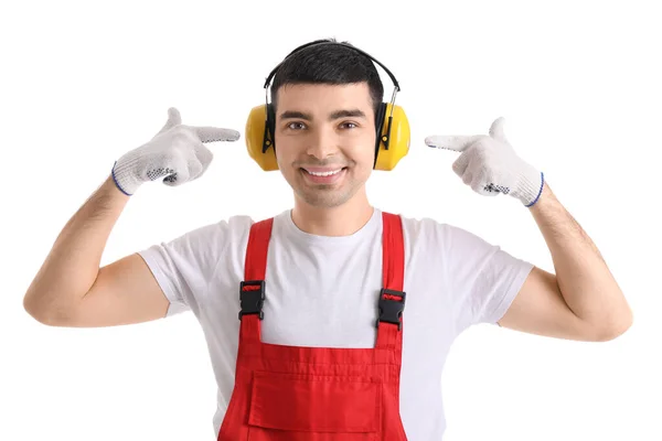 Young Carpenter Pointing Hearing Protectors White Background — Stock Photo, Image