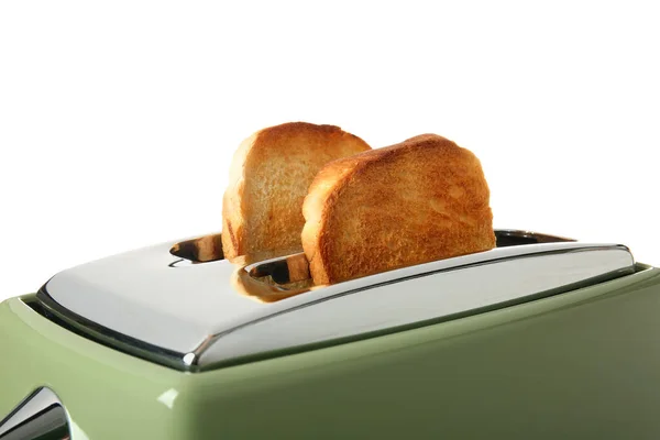 Moderne Broodrooster Met Knapperig Brood Plakjes Geïsoleerd Witte Achtergrond — Stockfoto