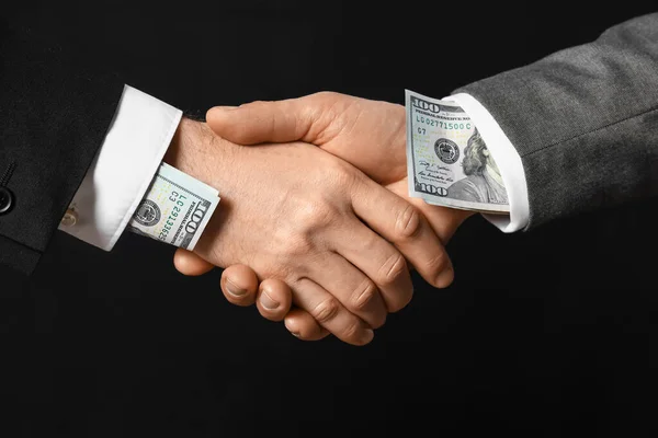 Men Bribe Shaking Hands Dark Background Closeup — Stock Photo, Image