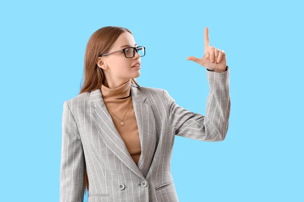 Young Businesswoman Showing Loser Gesture Blue Background — Stock Photo, Image