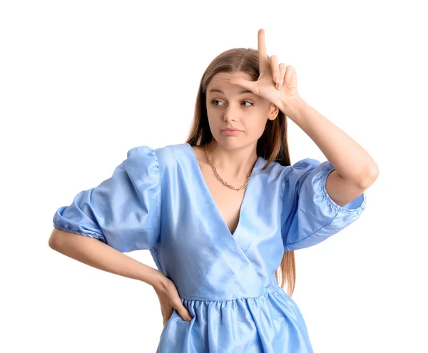 Young Woman Dress Showing Loser Gesture White Background — Stock Photo, Image