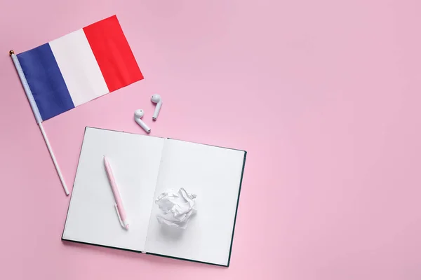 Flag France Notebook Earphones Crumpled Paper Pink Background — Stock Photo, Image