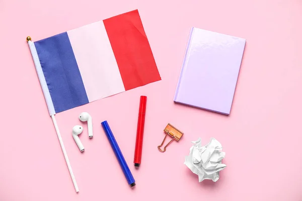 Flag France Stationery Earphones Crumpled Paper Pink Background — Stock Photo, Image
