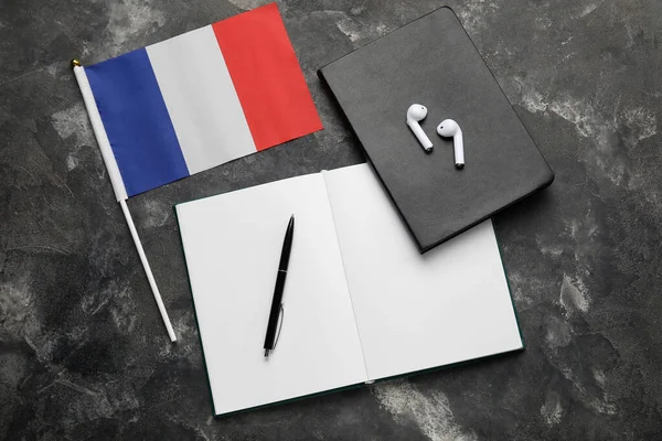 Flag France Notebooks Earphones Dark Background — Stock Photo, Image