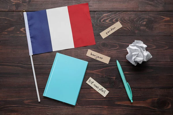 Flag France Stationery French Words Dark Wooden Background — Stock Photo, Image