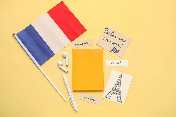 Flag France Notebook French Words Earphones Yellow Background — Stock Photo, Image