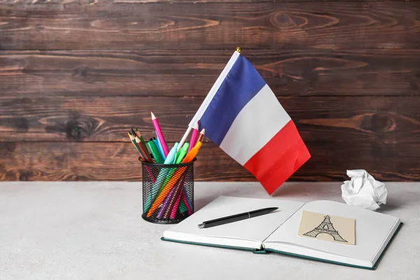 Flag France Stationery Table Dark Wooden Wall — Stock Photo, Image