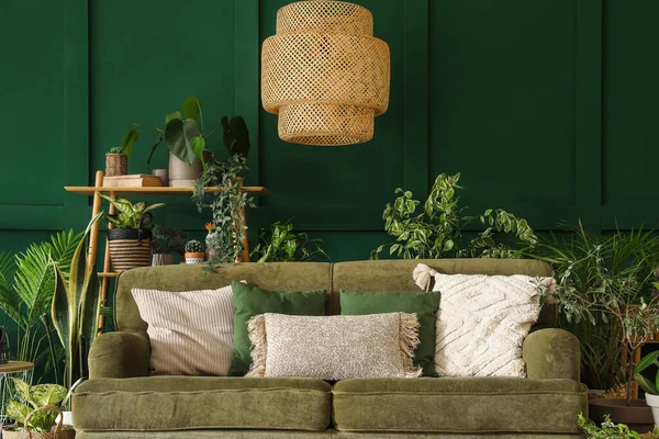 Oturma Odasının Içinde Yeşil Kanepe Çiçekli — Stok fotoğraf