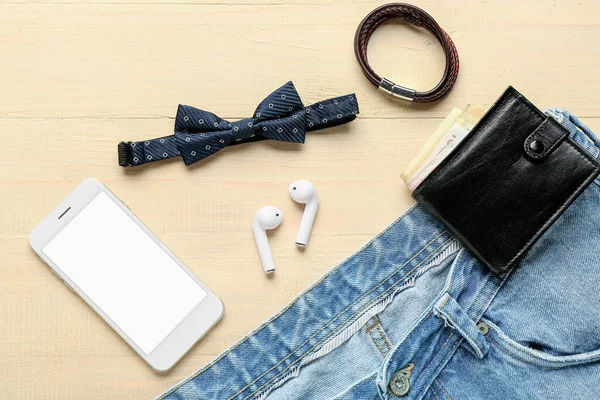 Composition Stylish Male Bow Tie Mobile Phone Wallet Jeans Light — Stock Photo, Image