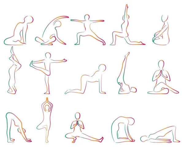 Muchas Siluetas Humanos Haciendo Yoga Sobre Fondo Blanco — Archivo Imágenes Vectoriales