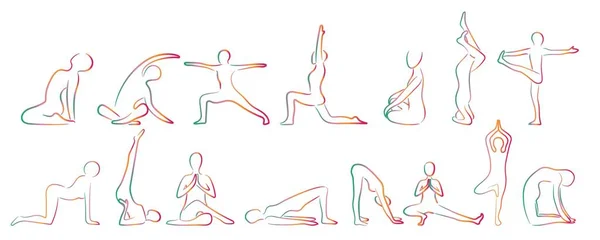 Beyaz Arka Planda Yoga Yapan Bir Sürü Insan Silueti Var — Stok Vektör