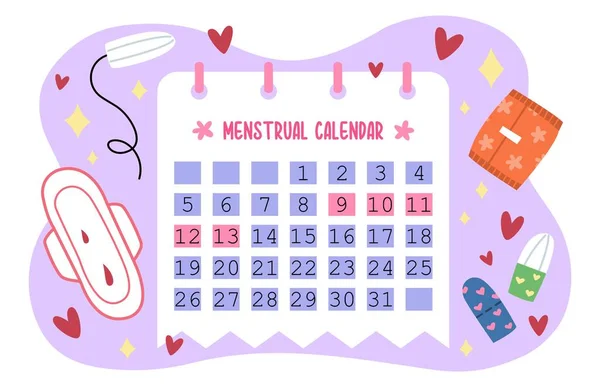 stock vector Menstrual calendar with pads and tampons on white background