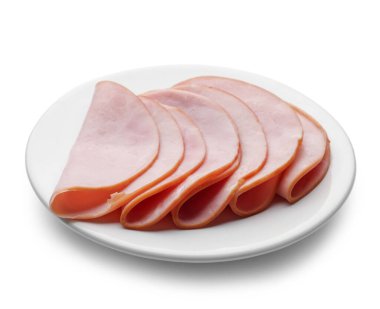 Plate with delicious ham slices isolated on white background