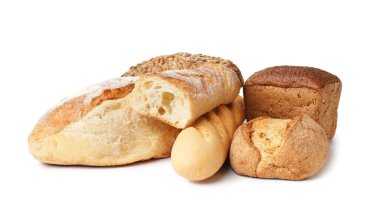 Loaves of different bread isolated on white background