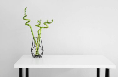 Vase with bamboo plant on table near grey wall