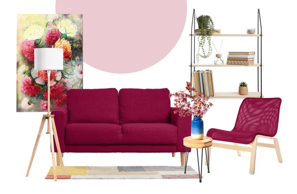 Different Stylish Furniture Decor Interior Living Room White Background — Stock Photo, Image