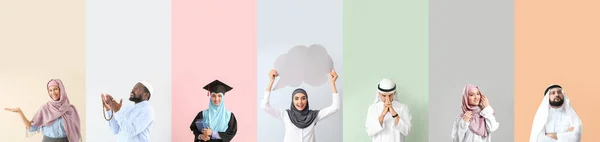 色の背景に若いイスラム教徒のグループ — ストック写真