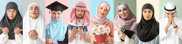 Sada Muslimských Lidí Barevném Pozadí — Stock fotografie
